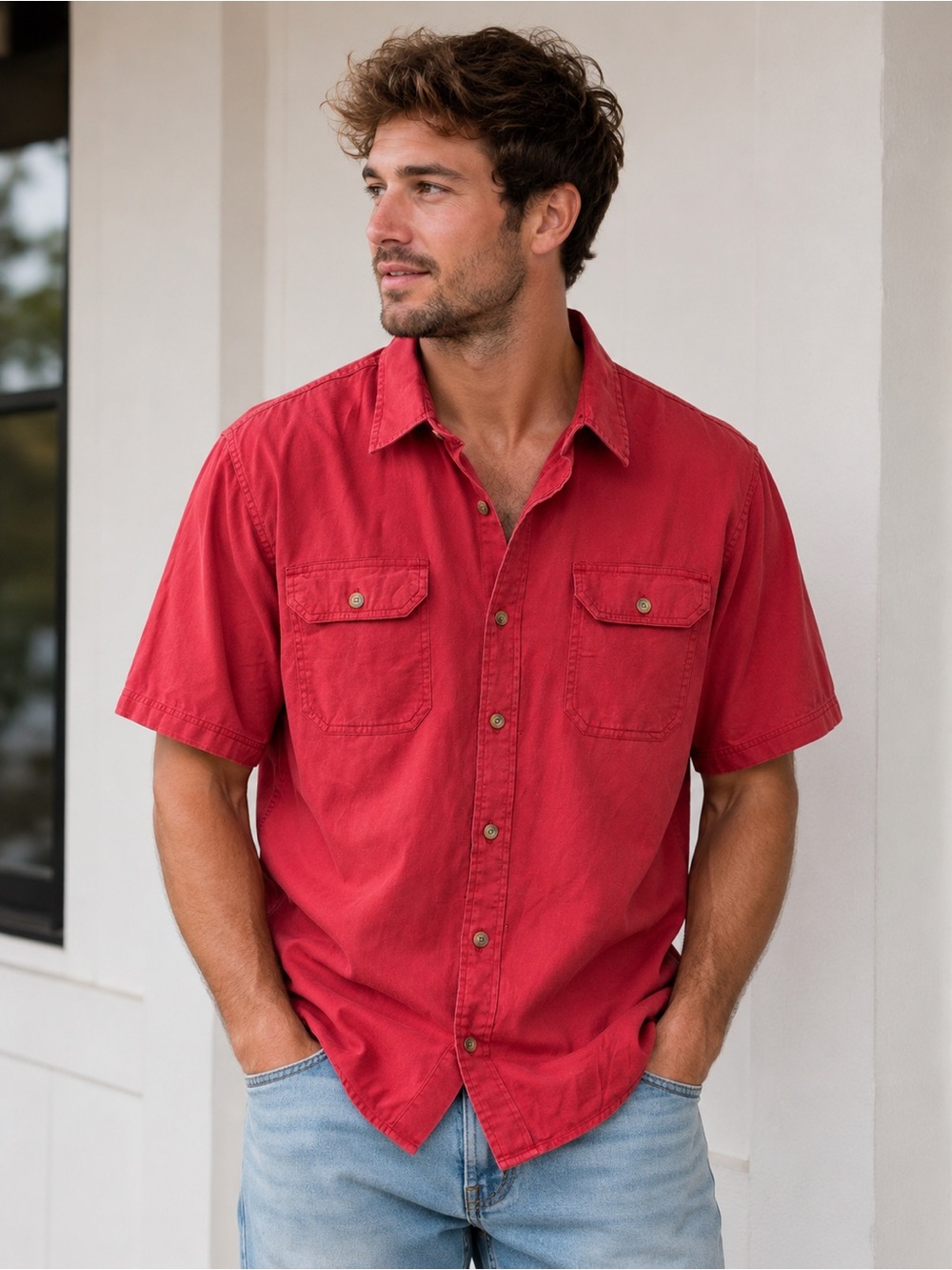 Wrangler Vintage Western Ranch Cowboy Utility Red Short Sleeve Button-Down Shirt